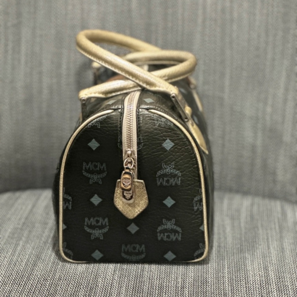 MCM Lion Visetos Boston Satchel Black Gold Leather Bag - Picture 3 of 16